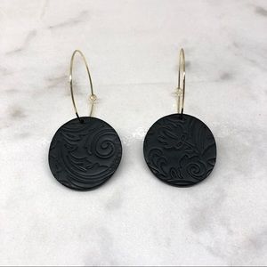 Handcrafted 14k Gold Hoops Black Embossed Earrings